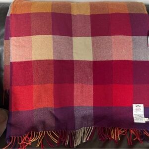 100% Lambswool Luxurious Plaid Throw Blanket in Red and Orange and Purple